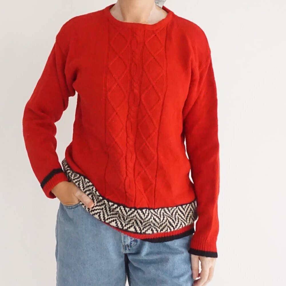 Vintage Cricket Lane Red Cable Knit Diamond Hem Grandpa Cottagecore Sweater S